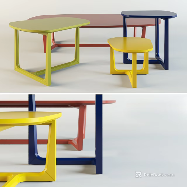 Modern Multicolored Coffee Table Design With Yellow Red Blue Frame And Stools 3d model