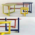 Modern Multicolored Coffee Table Design With Yellow Red Blue Frame And Stools 3d model