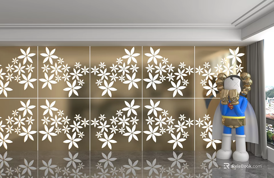Golden Background Wall With White Flower Patterns And Cartoon Character Figure 3d model 