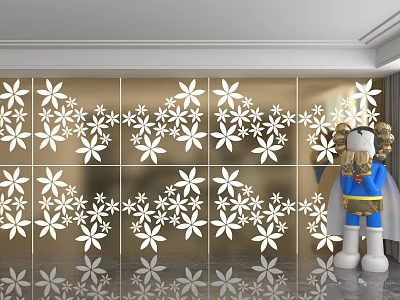Golden Background Wall With White Flower Patterns And Cartoon Character Figure 3d model