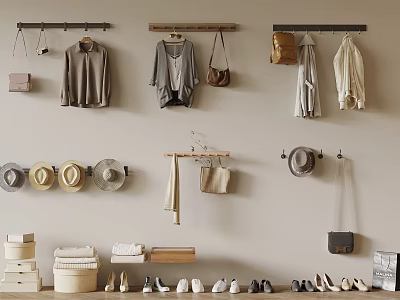 Organized Clothes Display with Hats Bags and Shoes on Wall Racks and Shelves 3d model