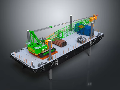 Industrial Ship Working Deck With Green Crane Blue Containers And Wooden Logs 3d model