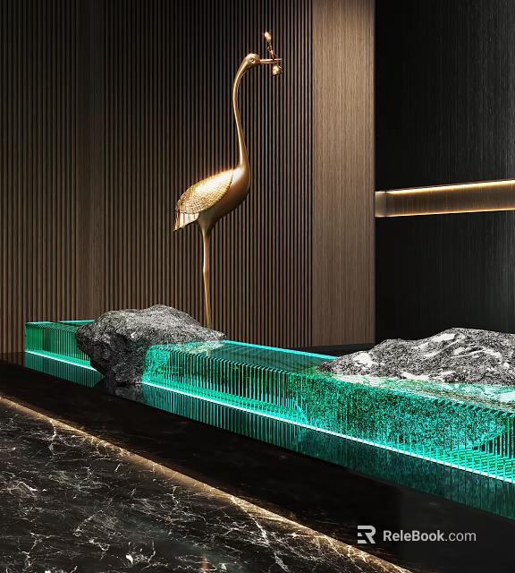 Golden Crane Sculpture With Green Water Feature Stone And Wooden Background In Modern Decor 3d model 