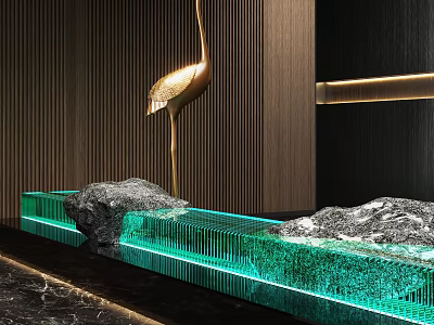 Golden Crane Sculpture With Green Water Feature Stone And Wooden Background In Modern Decor 3d model