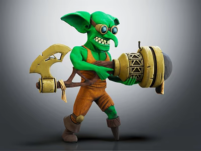 Green Skinned Goblin Character Wearing Goggles Holding Large Mechanical Hammer And Orange Pants 3d model