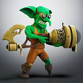 Green Skinned Goblin Character Wearing Goggles Holding Large Mechanical Hammer And Orange Pants