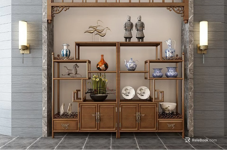 Traditional Chinese Carved Wooden Curio Shelf Displaying Vases Porcelain Figurines Plates And Potted Plant 3d model 