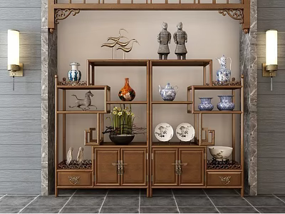 Traditional Chinese Carved Wooden Curio Shelf Displaying Vases Porcelain Figurines Plates And Potted Plant 3d model