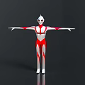 3D Ultraman Model With Red And White Suit Extended Arms On Black Background