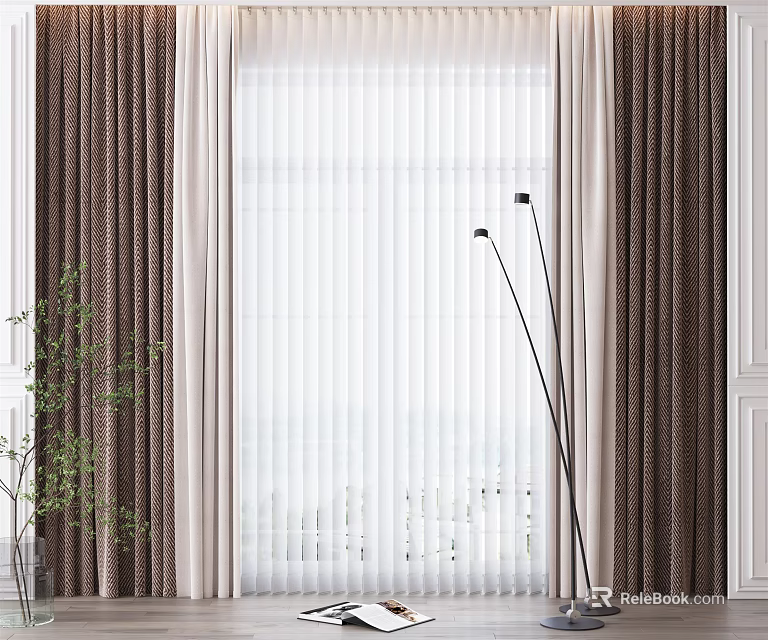 Elegant Brown White Double Layer Curtains Modern Window Interior With Floor Lamp Green Plant 3d model 