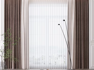 Elegant Brown White Double Layer Curtains Modern Window Interior With Floor Lamp Green Plant 3d model