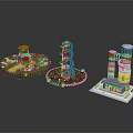 Different Industrial Facility Models With Red Brick Metal Frame And Green Base Designs