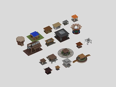 Diverse Miniature Building Models Featuring Various Roof Designs And Small Structures 3d model
