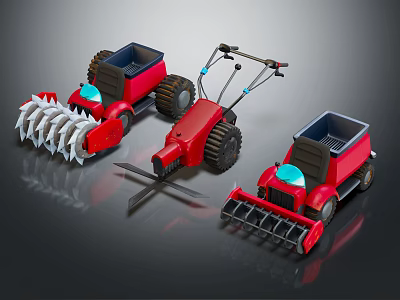 Red Farm Machinery Tools with Cultivator Harvester and Tractor Attachments 3d model