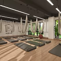Yoga Fitness Studio With Aerial Hammocks Yoga Mats Wooden Flooring And Large Windows