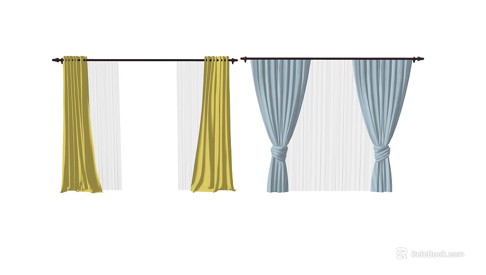 Yellow and Blue Curtains with White Sheer Layers Hanging on Window Rod 3d model 