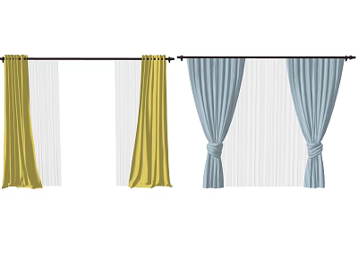 Yellow and Blue Curtains with White Sheer Layers Hanging on Window Rod 3d model