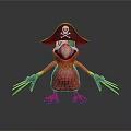 Red Parrot Wearing Pirate Hat With Skull Design And Blue Claws Standing On Reflective Surface