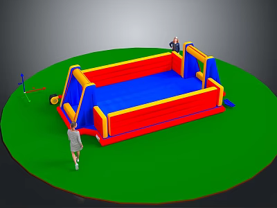 Kids Playing on Inflatable Bounce House with Blue Red Yellow Design in Outdoor Area 3d model
