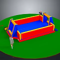 Kids Playing on Inflatable Bounce House with Blue Red Yellow Design in Outdoor Area