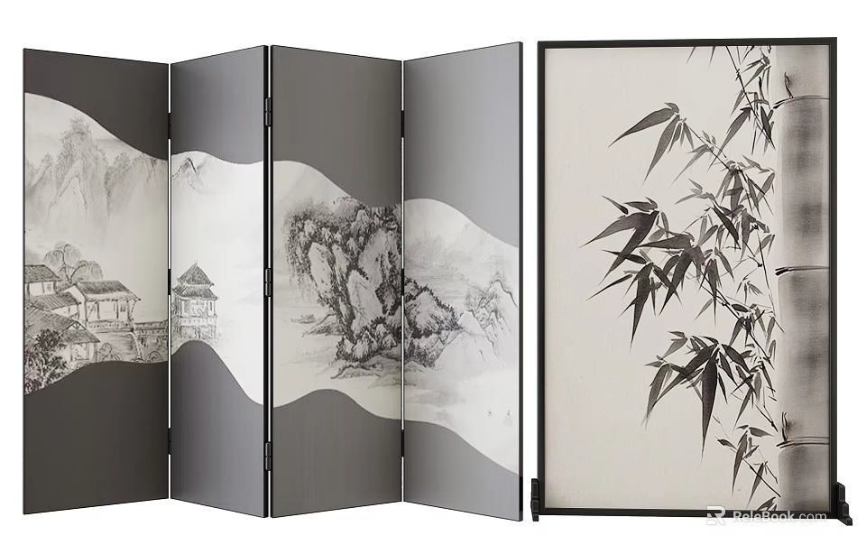 Traditional Chinese Folding Screen With Ink Painting Elements 3d model