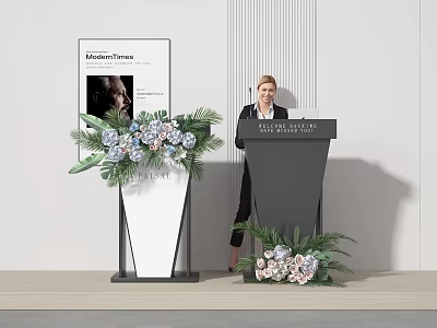 Elegant Business Presentation Podium With Flower Arrangements Screen And Standing Woman 3d model