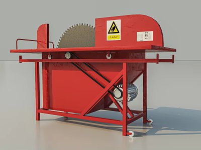 Red Circular Saw Machine With Yellow Warning Sign And Mobile Workbench 3d model
