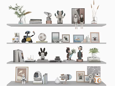 Modern Decorative Ornament Set with Dolls Photo Frames Plants Books and Robot Figures on Shelves 3d model