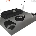Modern Black Leather Sofa and Coffee Table Set with Ottoman Floor Lamp and Armchair