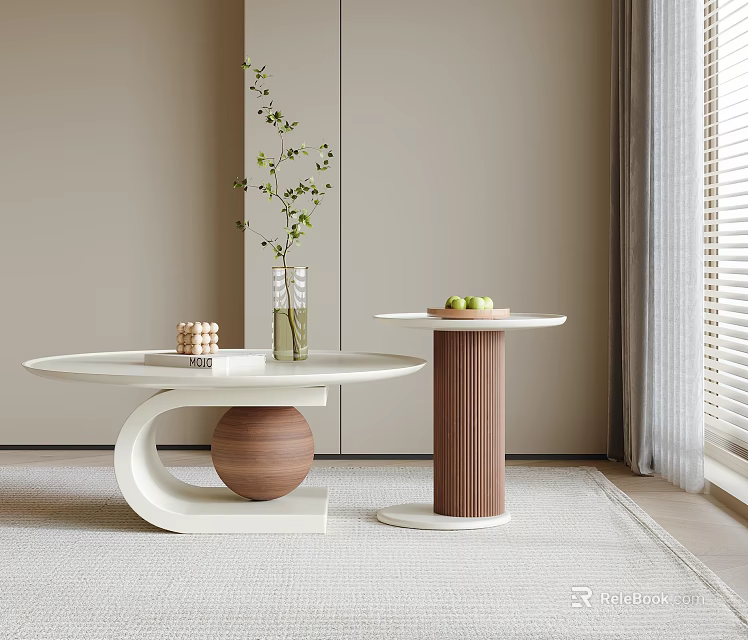 Modern White And Wood Coffee Table With Green Plant Fruit And Side Table 3d model 