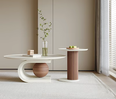 Modern White And Wood Coffee Table With Green Plant Fruit And Side Table 3d model