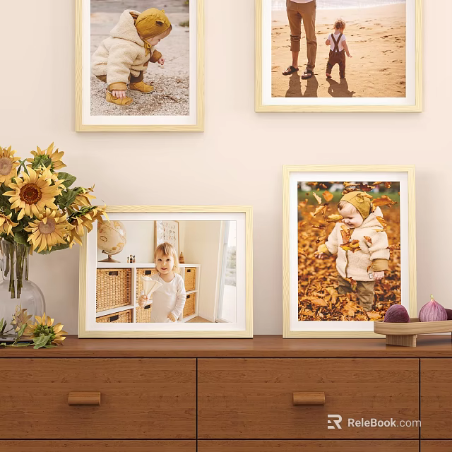 Decorative Photo Frames With Sunflower Bouquet And Children Photos On Wall And Table 3d model 