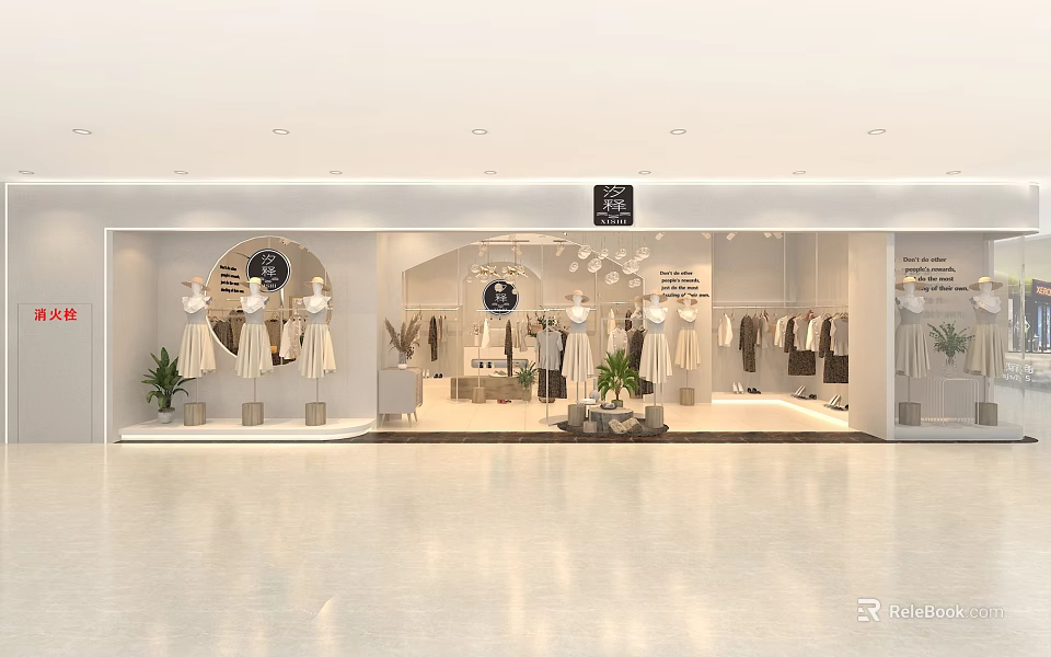 Elegant Modern Clothing Store Interior With Window Display Dresses And Racks 3d model 