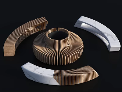Modern Curved Landscape Seats With Wooden Striped Design And Marble Accents 3d model