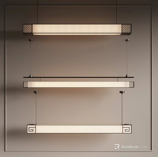 Three Hanging Long Strip Chandeliers with Modern Geometric Frame and Warm Glow Design 3d model 