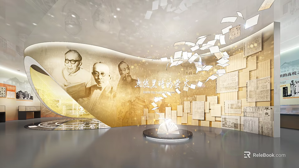 Historical Culture Museum Exhibition With Portraits Ancient Documents And Display Platform 3d model 