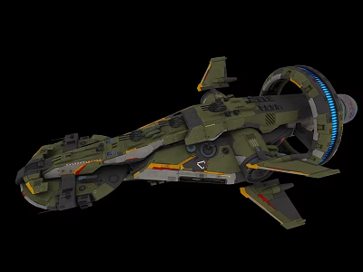 Futuristic Science Fiction Spaceship With Green Yellow Accents Circular Components And Thrusters 3d model
