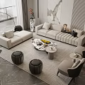 Elegant Modern Sofa And Coffee Table Combination With Marble Surface Throw Pillows And Area Rug 3d model