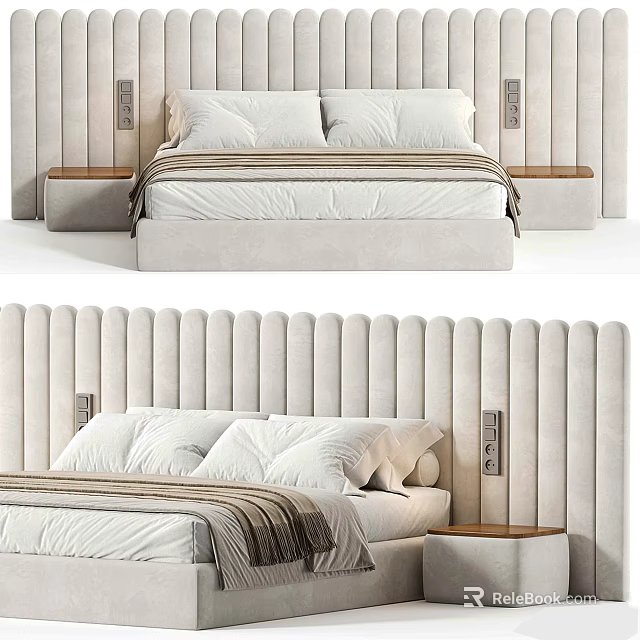 Modern Double Bed Interior With Stylish Headboard And Light Colored Nightstand 3d model