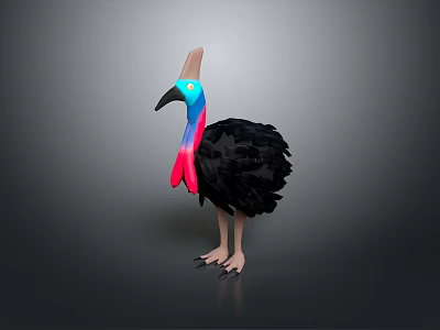 3D Modeled Flying Animal With Black Feathers Colorful Blue Red Neck And Horned Casque 3d model