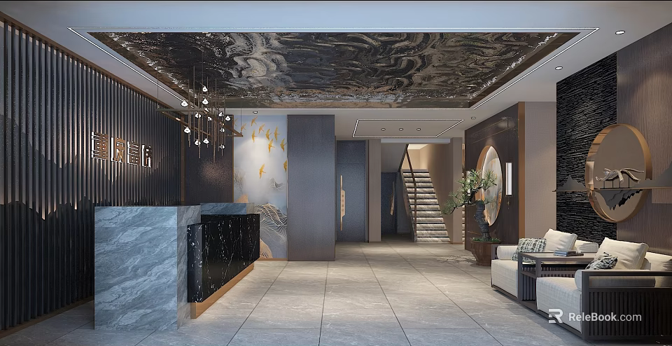 Elegant Chinese Storefront Reception With Marble Desk Black Counter Mirrored Ceiling Chandelier And Potted Plant 3d model 