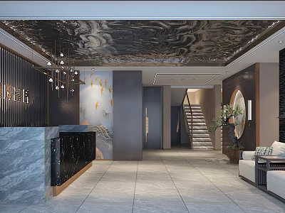 Elegant Chinese Storefront Reception With Marble Desk Black Counter Mirrored Ceiling Chandelier And Potted Plant 3d model