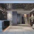 Elegant Chinese Storefront Reception With Marble Desk Black Counter Mirrored Ceiling Chandelier And Potted Plant
