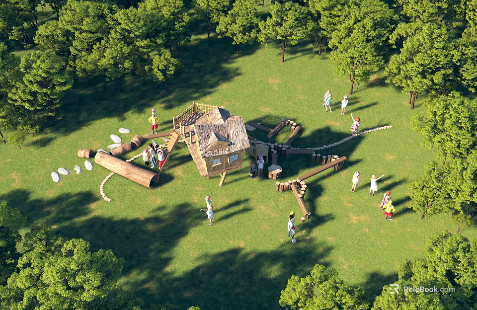 Outdoor Kids Playground With Wooden Play Structures And Green Trees On Grass 3d model 