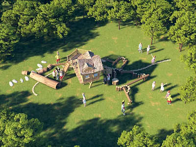 Outdoor Kids Playground With Wooden Play Structures And Green Trees On Grass 3d model