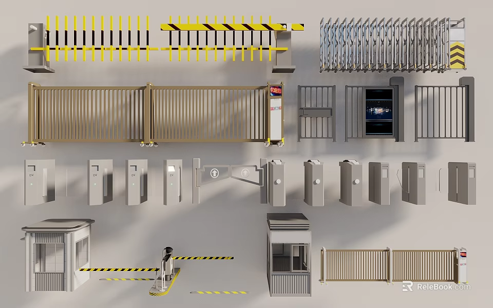Public Facility Security Equipment Featuring Gate Barriers Metal Railings And Access Booths 3d model 