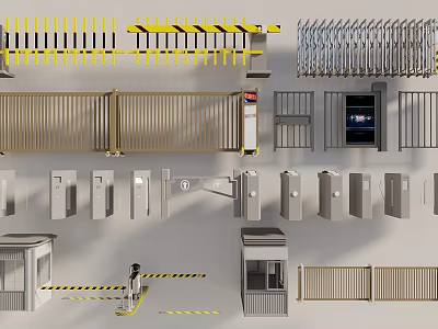Public Facility Security Equipment Featuring Gate Barriers Metal Railings And Access Booths 3d model