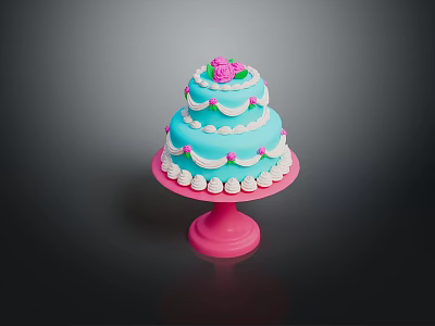 Three Tiered Blue Cake With Pink Rose Decoration On Pink Stand And White Pink Trims 3d model