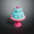 Three Tiered Blue Cake With Pink Rose Decoration On Pink Stand And White Pink Trims
