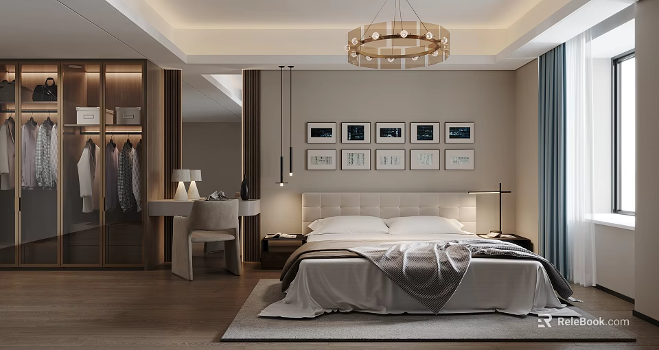 Modern Bedroom Interior Design With Upholstered Headboard Crystal Chandelier And Decorative Wall Art 3d model 